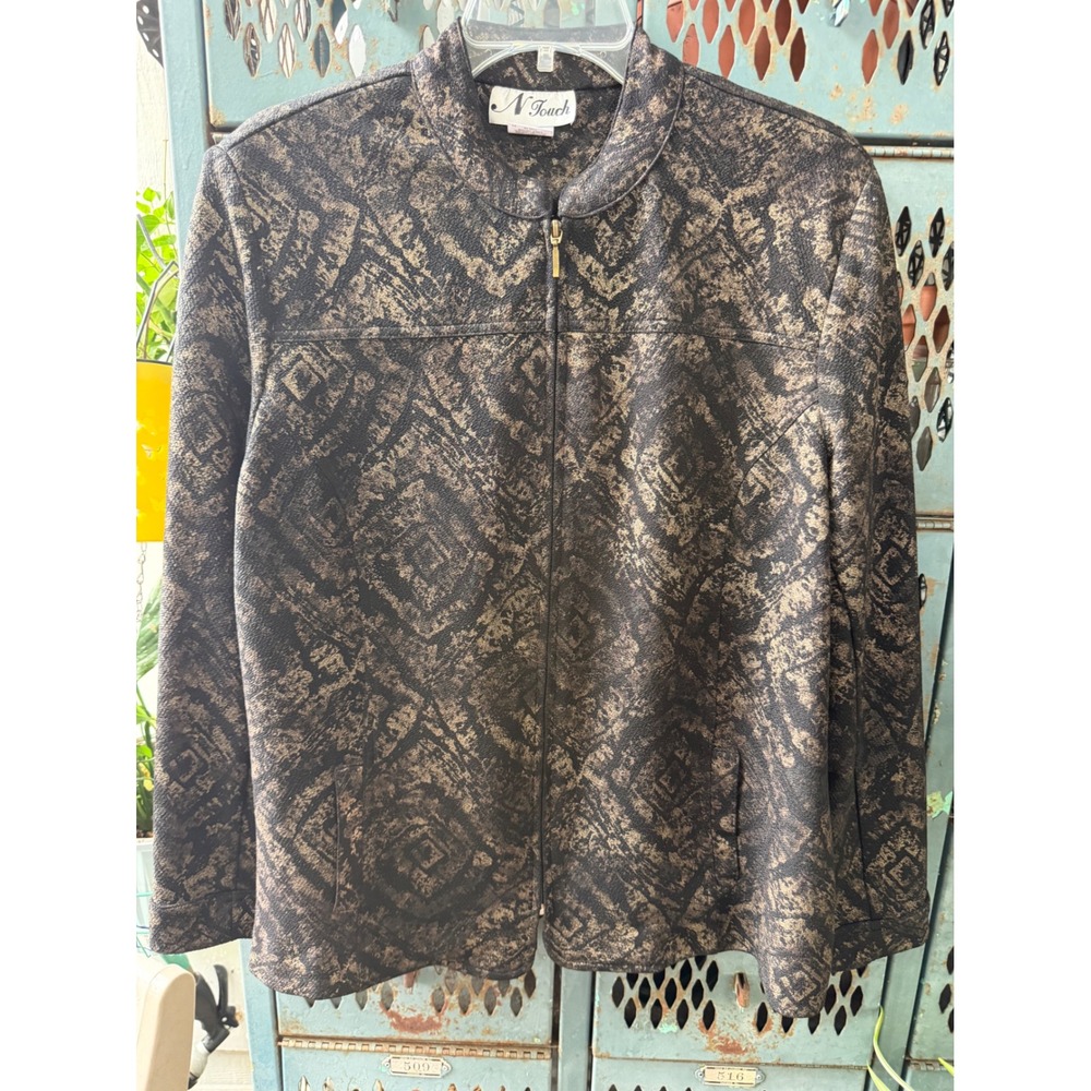 N Touch Women Black Gold Metallic Geometric Diamond Zip Front Jacket Size 16